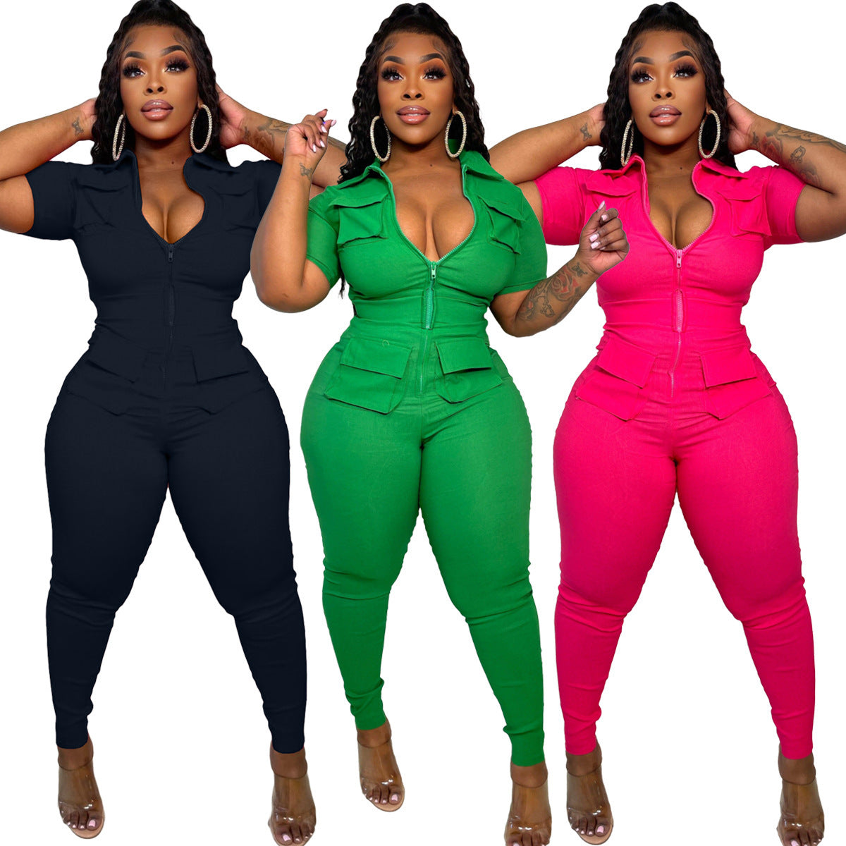 New Women's Clothing Zipper Three-dimensional Pocket Jumpsuit - Plush Fashions Shop 