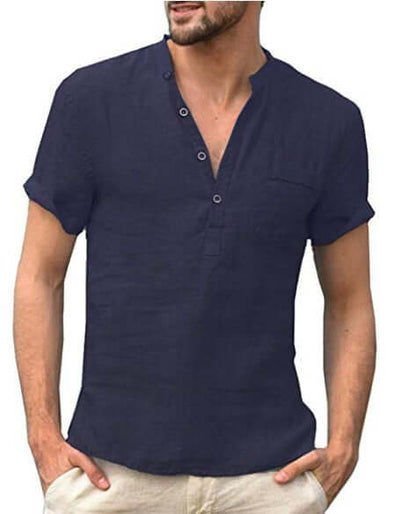 Casual Linen Solid Color Shirt Button V Neck Men Summer Tops - Plush Fashions Shop 