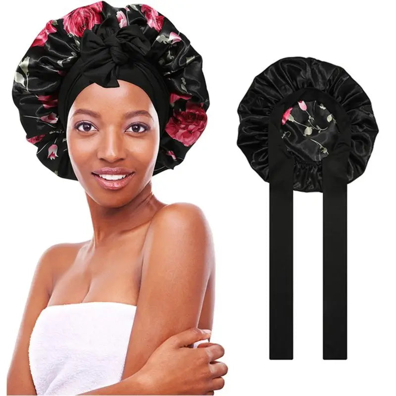 "AWAYTR Double Layered Satin Night Caps for Women - Silk Bonnet Hair Care Sleeping Hat with Elastic Tie Band"