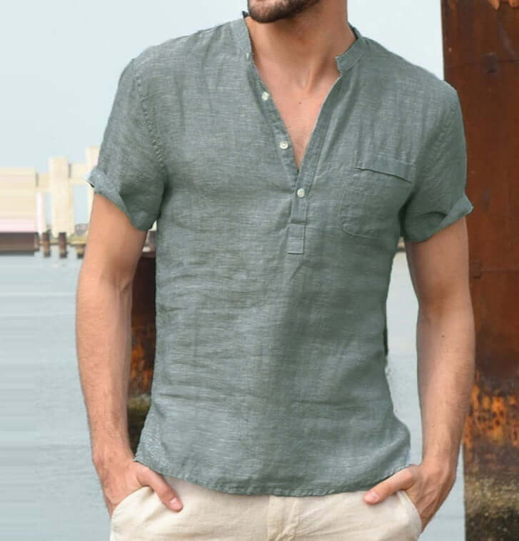 Casual Linen Solid Color Shirt Button V Neck Men Summer Tops - Plush Fashions Shop 