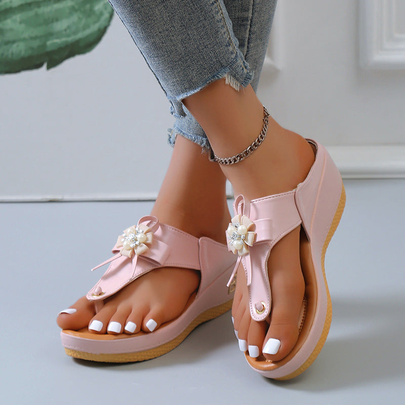 Flower Pearl Sandals Women Fashion Clip Toe Flip Flops Shoes Wedges Beach Shoes - Plush Fashions Shop 