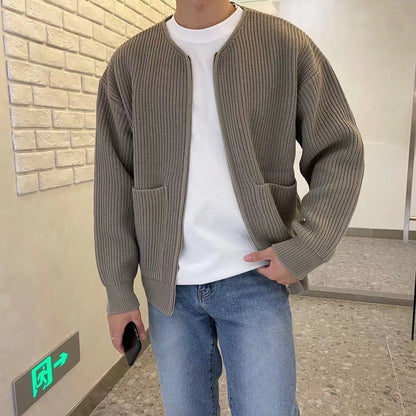 Men Zip Up Knitted Lined Funnel Neck Men's  Sweater