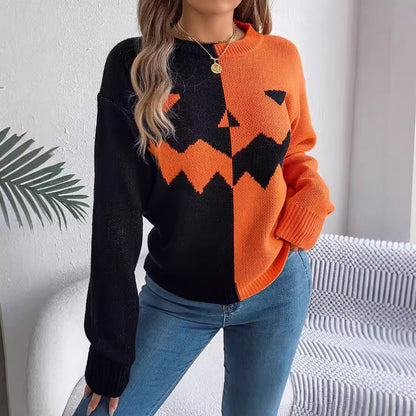 Halloween Contrast-Color Pullover Sweaters For Women