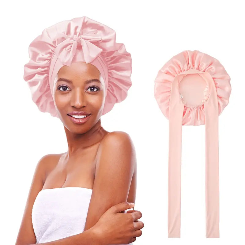 "AWAYTR Double Layered Satin Night Caps for Women - Silk Bonnet Hair Care Sleeping Hat with Elastic Tie Band"