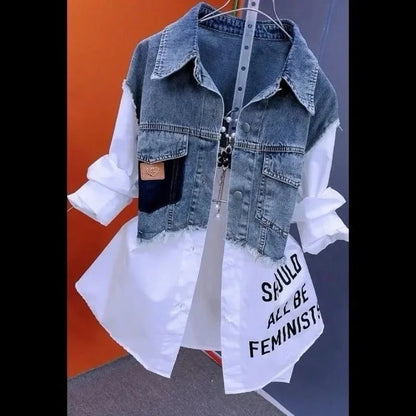 New Design Sense Stitching Women Fashion Striped Denim Jacket - Plush Fashions Shop 